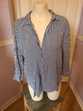 Zara Blue and White Vertical Stripe Button-Down Blouse
